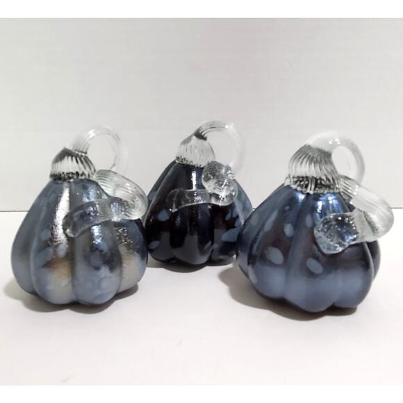 Rachel Zoe Set of 3 Pumpkins Halloween Fall Thanksgiving Blue Black Glass New - Picture 1 of 16